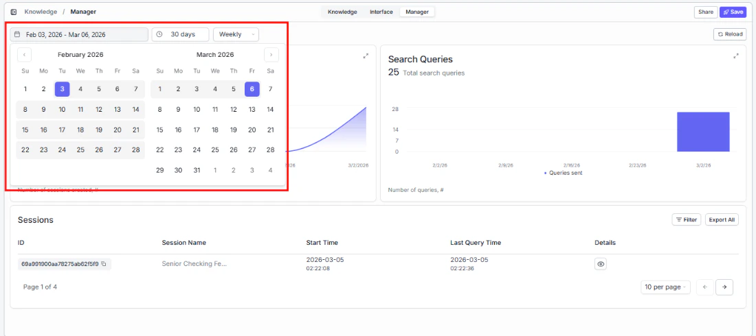 Manager tab with date range picker expanded showing calendar and quick presets