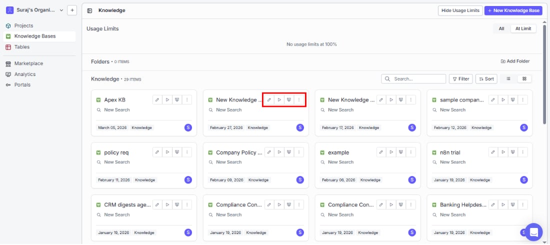Knowledge Base grid view showing action icons on each card