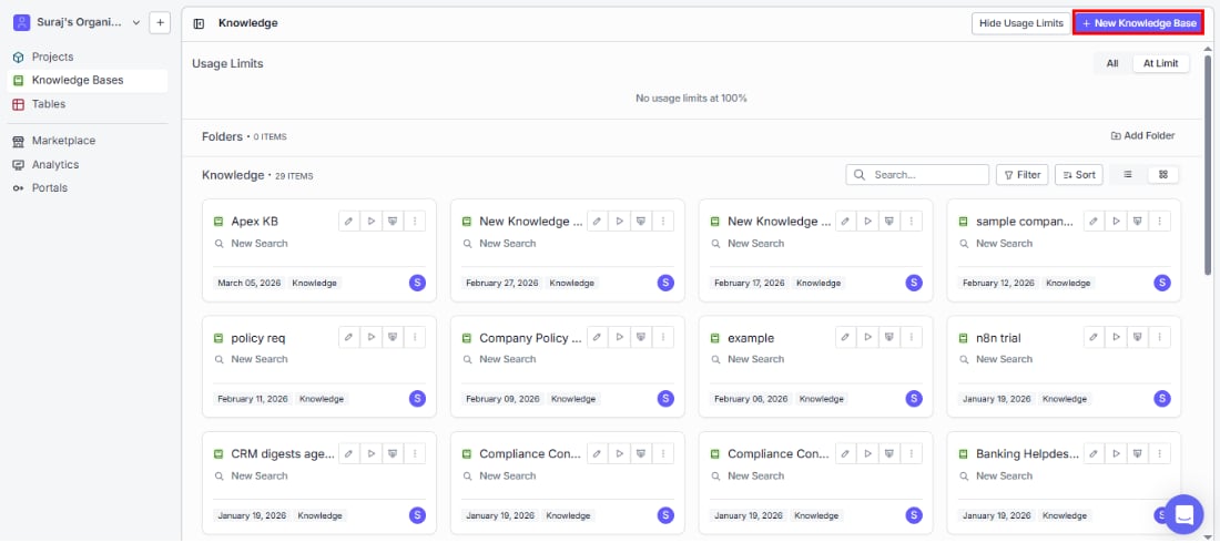 Knowledge Base listing page with + New Knowledge Base button highlighted