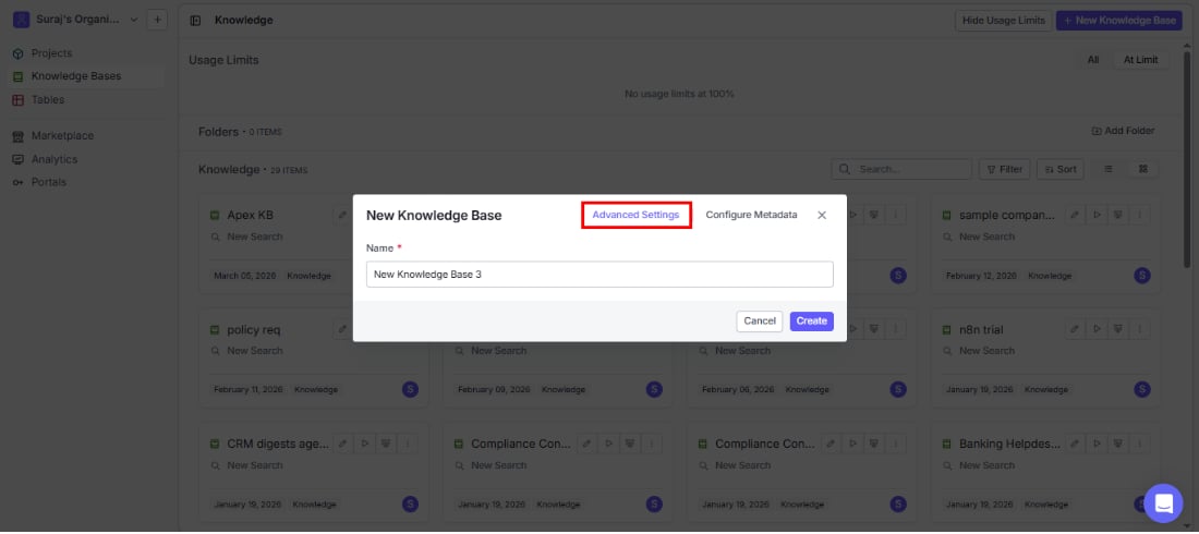New Knowledge Base creation dialog with name field and Advanced Settings / Configure Metadata tabs