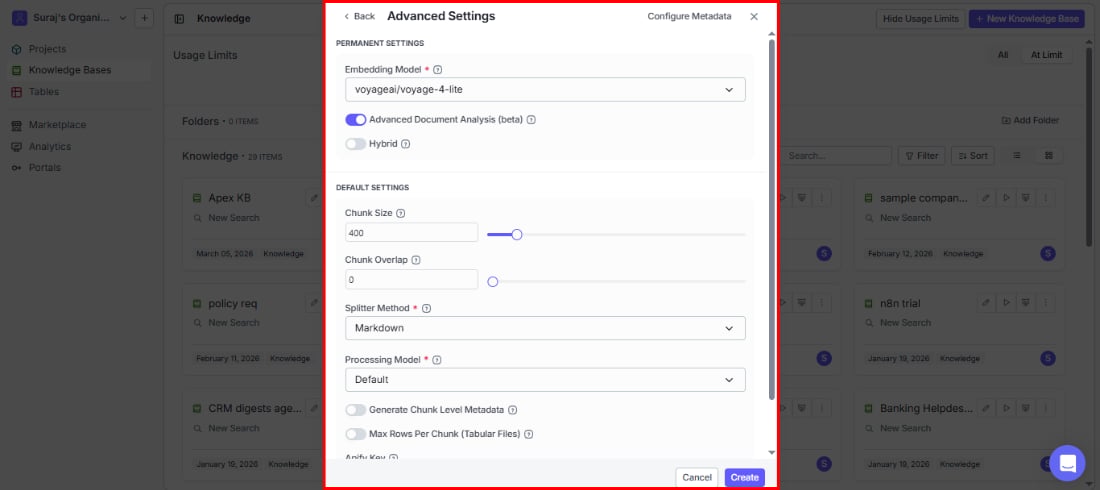 Advanced Settings panel showing permanent and default settings
