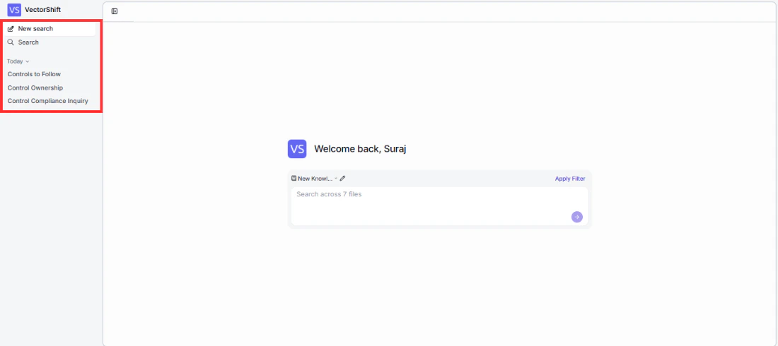 Full-screen search experience showing sidebar with New Search, Search history, and past search conversations