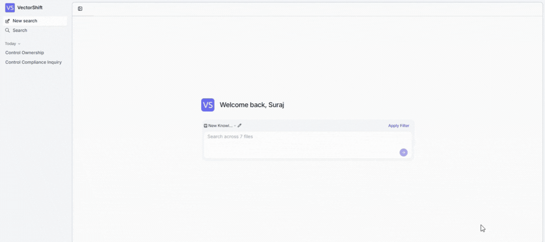 Full-screen search experience showing a search query being typed and results appearing with AI overview and sources