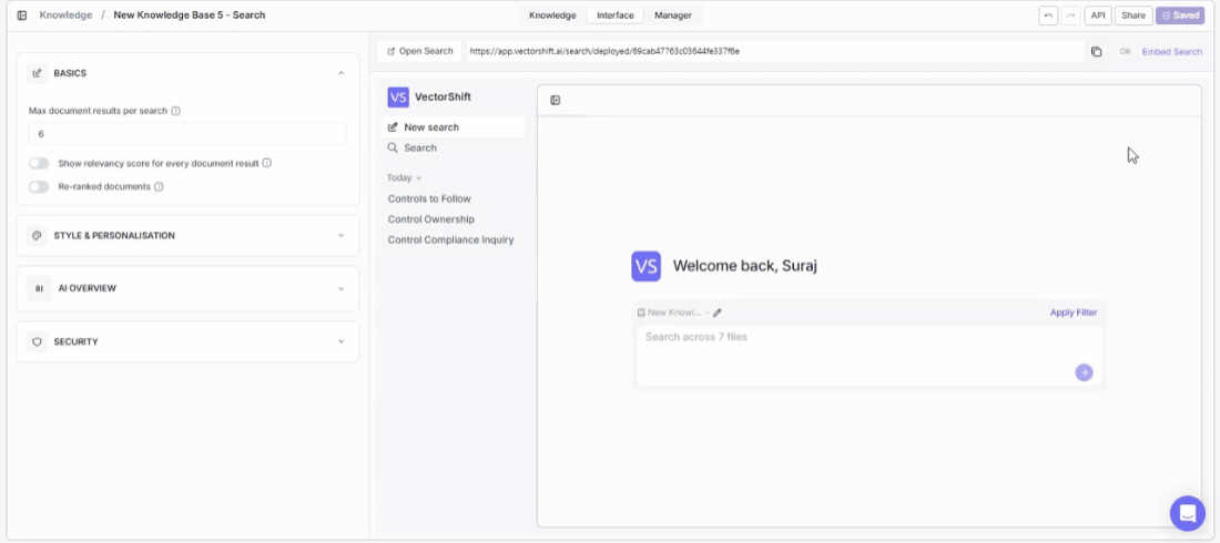 Accessing the API panel to get code snippets for integrating knowledge base search