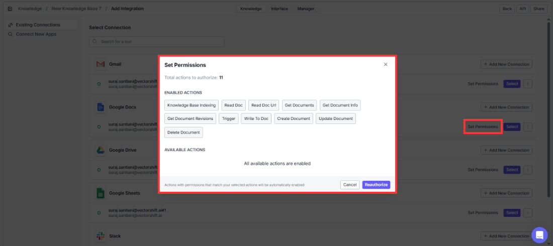 Set Permissions dialog showing enabled actions like Knowledge Base Indexing, Read Doc, and more
