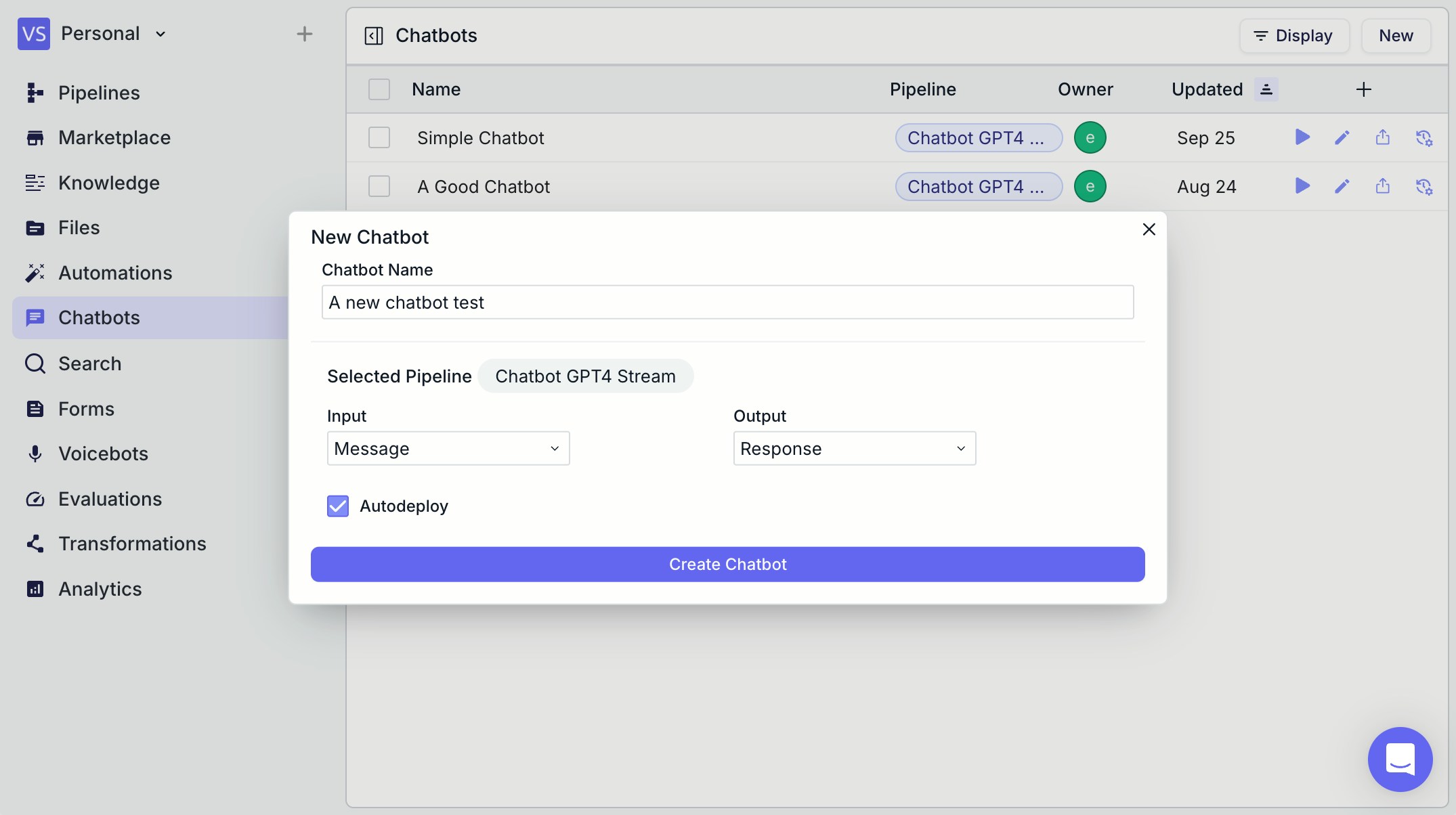 Chatbot Create Selected