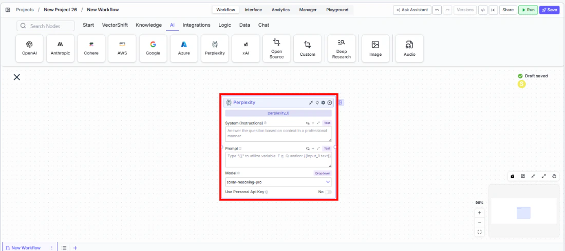Perplexity node being dragged onto the canvas