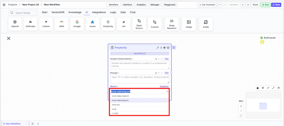 Perplexity node showing the Model dropdown