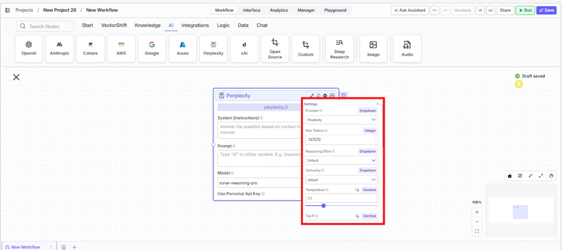 Perplexity node settings panel