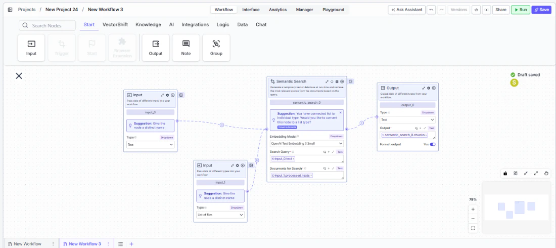 Semantic Search node connected to upstream and downstream nodes on the canvas