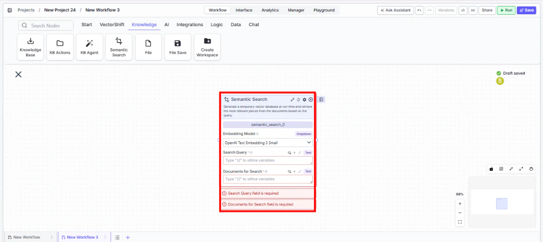 Semantic Search node being dragged onto the canvas
