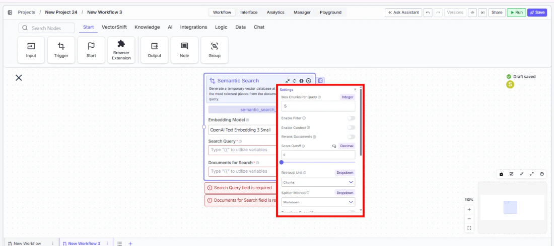 Semantic Search node settings panel showing Search Query, Documents for Search, and configuration options