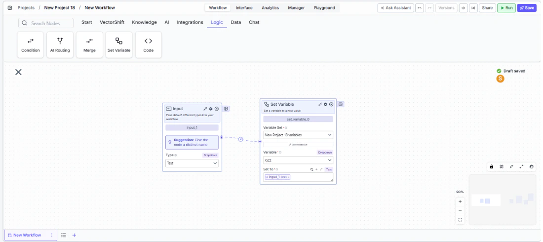 Set Variable node connected to input nodes in a workflow