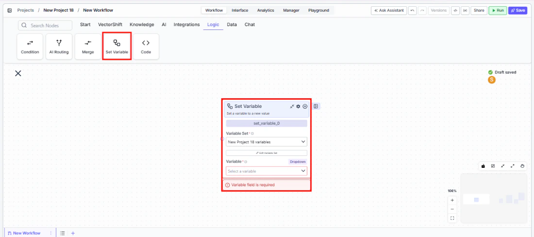 Workflow node palette showing the Logic tab with Set Variables option