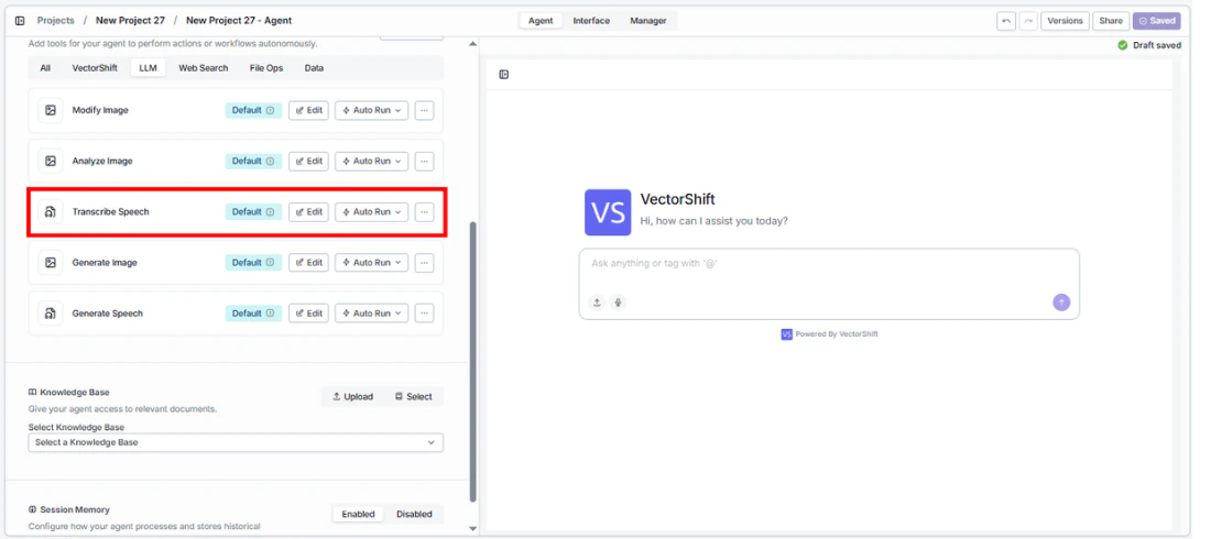 Agent tool panel showing Transcribe Speech (Speech to Text) tool in the tool list