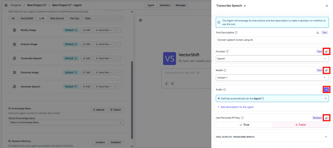 Transcribe Speech tool configuration showing fields with sparkle icon to toggle between dynamic and static values