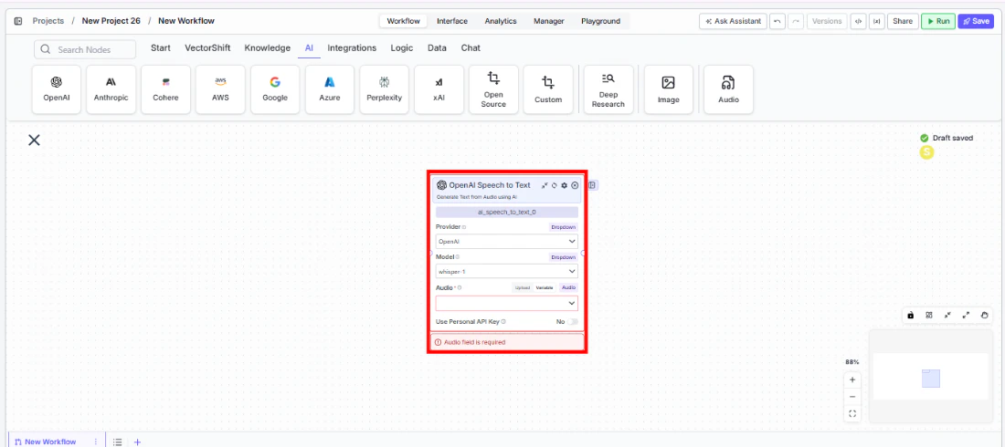 Speech to Text node being dragged onto the canvas
