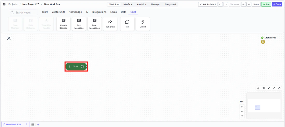 Start node being dragged onto the canvas from the Start tab