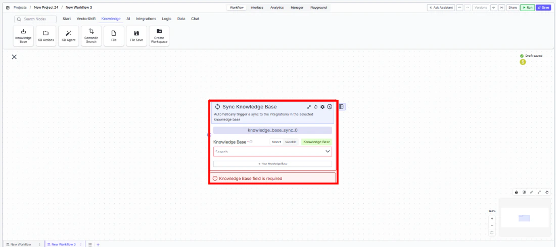 Sync Knowledge Base node being dragged onto the canvas
