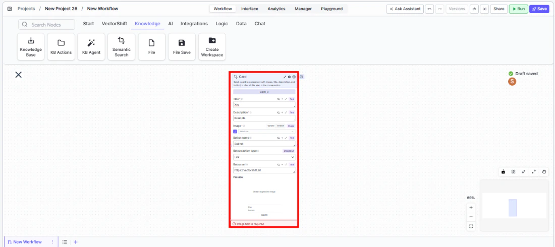 Talk Card node being dragged onto the canvas from the Chat tab