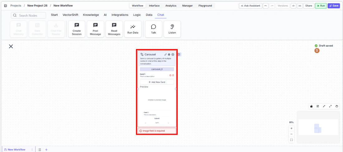 Talk Carousel node being dragged onto the canvas from the Chat tab