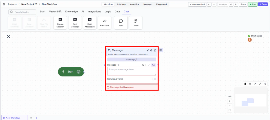 Talk Message node being dragged onto the canvas from the Chat tab