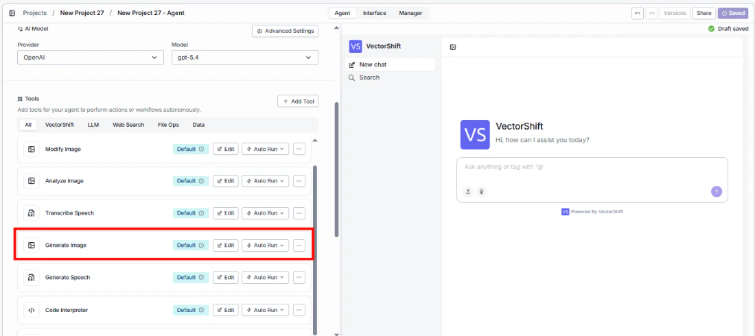 Agent tool panel showing Generate Image (Text to Image) tool in the tool list