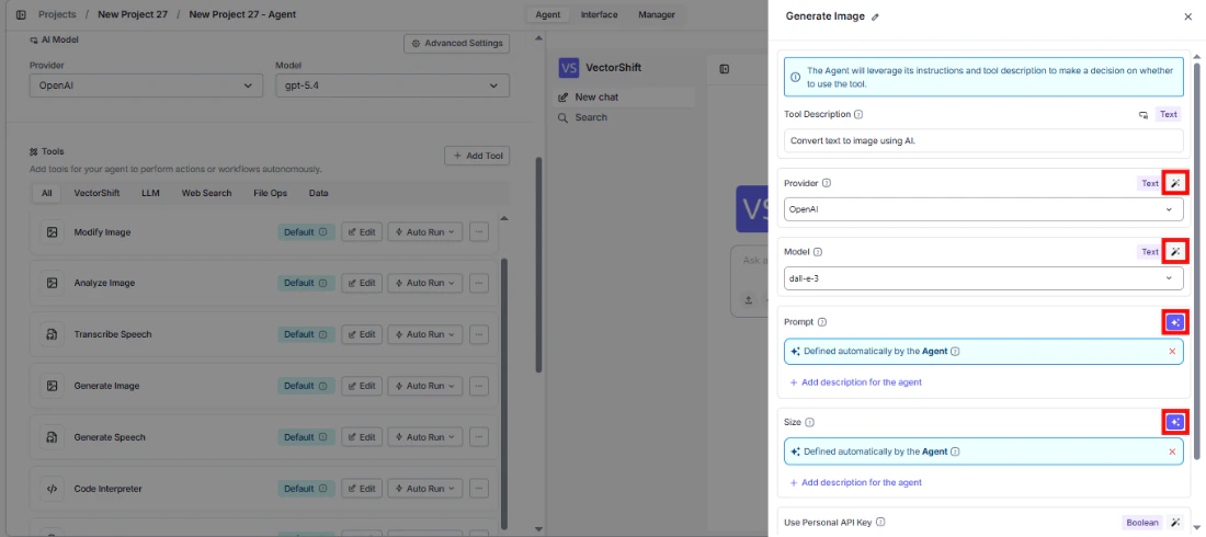Generate Image tool configuration showing fields with sparkle icon to toggle between dynamic and static values