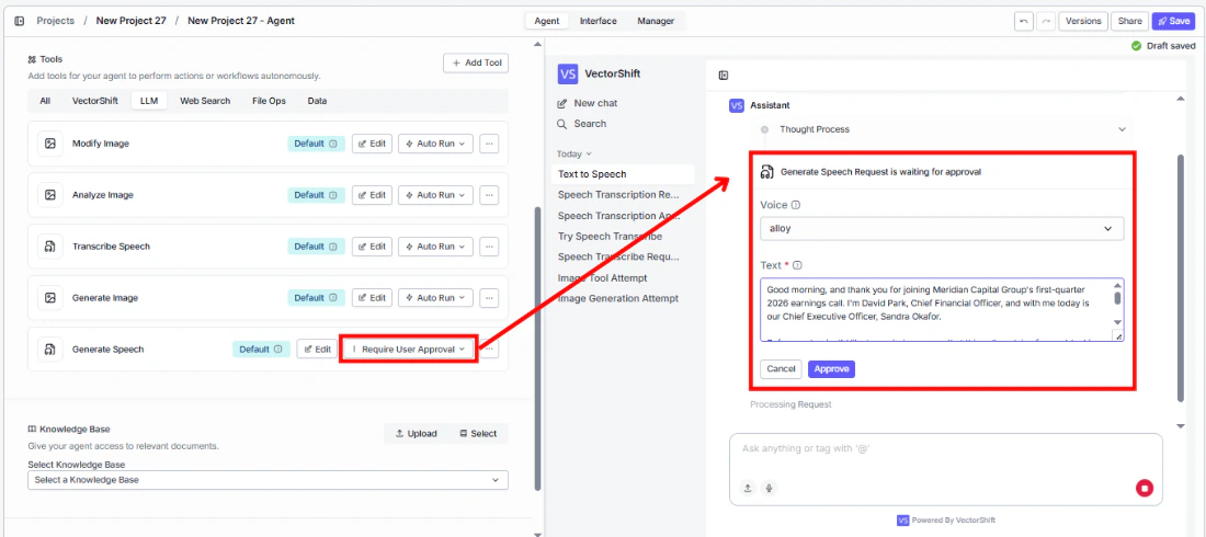 Generate Speech tool requiring user approval