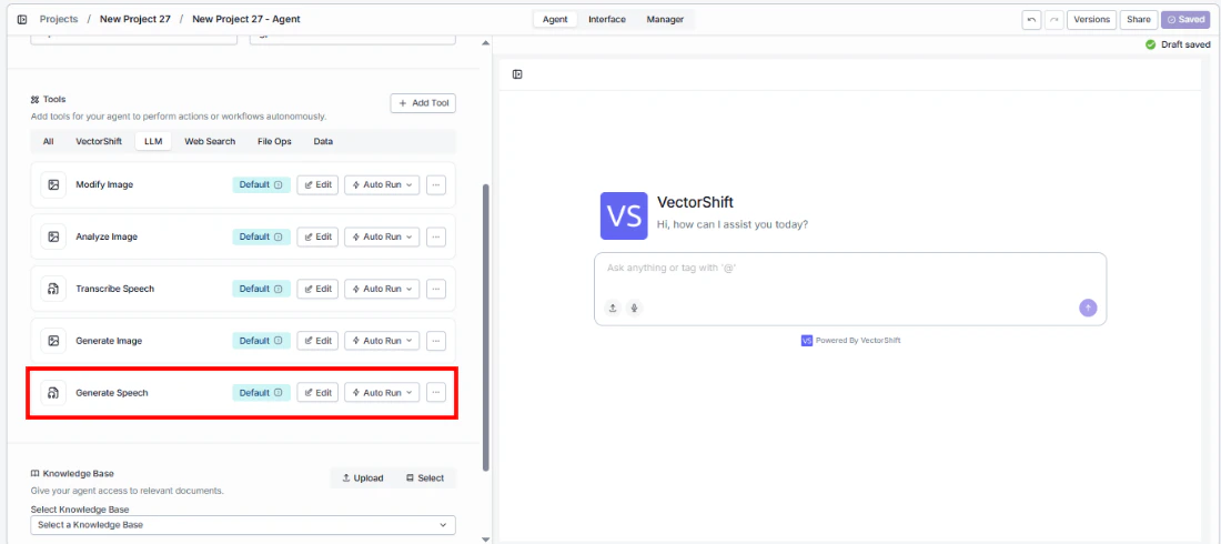 Agent tool panel showing Generate Speech (Text to Speech) tool in the tool list