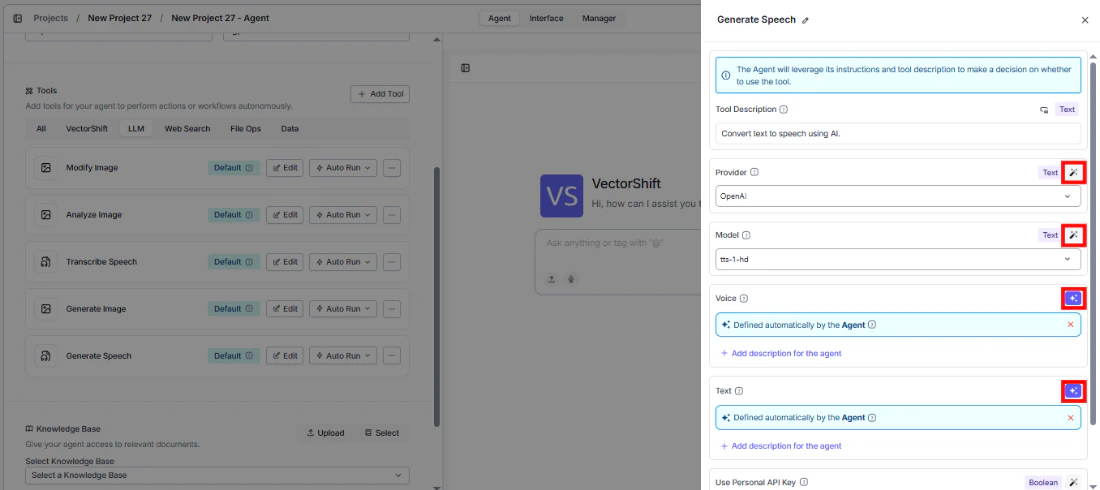 Generate Speech tool configuration showing fields with sparkle icon to toggle between dynamic and static values