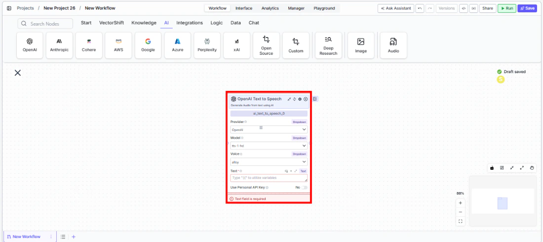 Text to Speech node being dragged onto the canvas