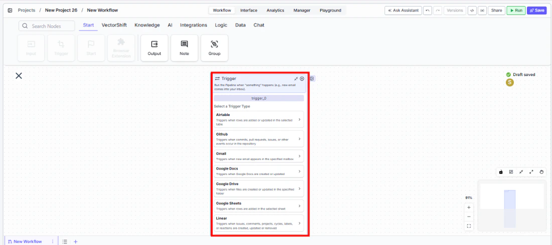 Trigger node being dragged onto the canvas from the Start tab