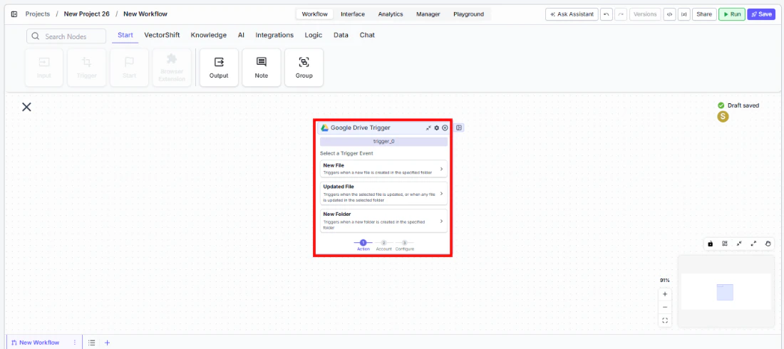 Trigger node showing the trigger type selection with integration options