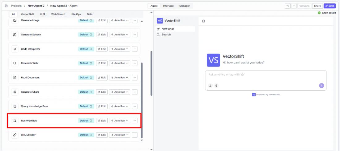 Agent tool panel showing the VectorShift category with Run Workflow tool highlighted