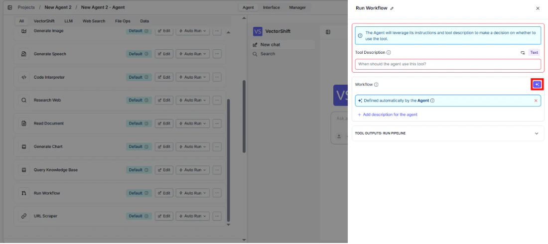Run Workflow tool configuration panel showing Workflow field with sparkle icon to toggle between dynamic and static values