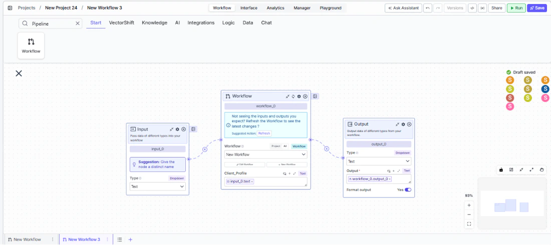 Workflow node connected to upstream and downstream nodes on the canvas