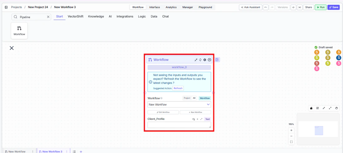 Node palette showing the VectorShift category with Workflow node being dragged onto the canvas