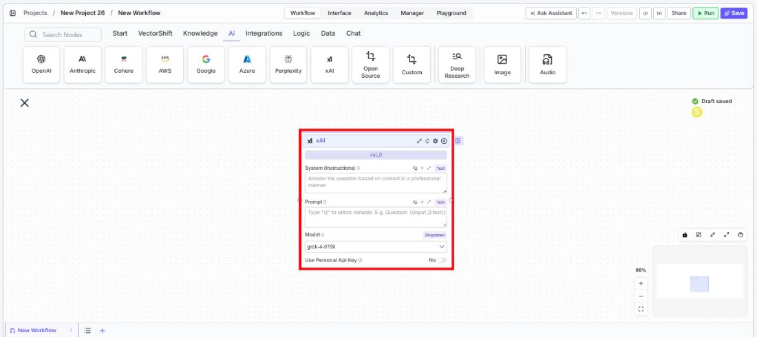 xAI node being dragged onto the canvas