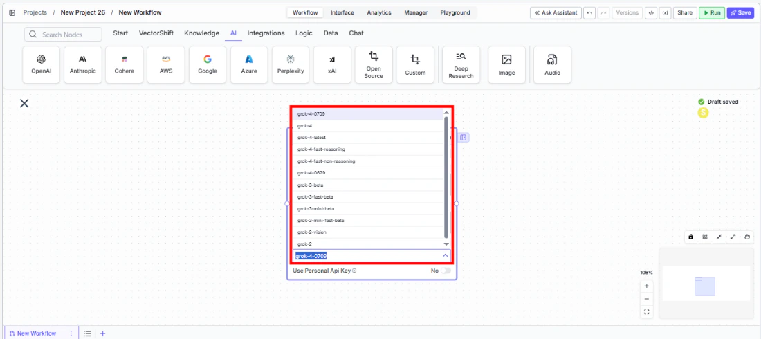 xAI node showing the Model dropdown