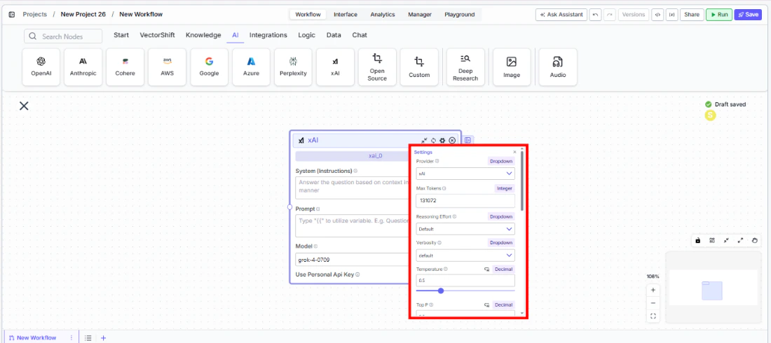 xAI node settings panel