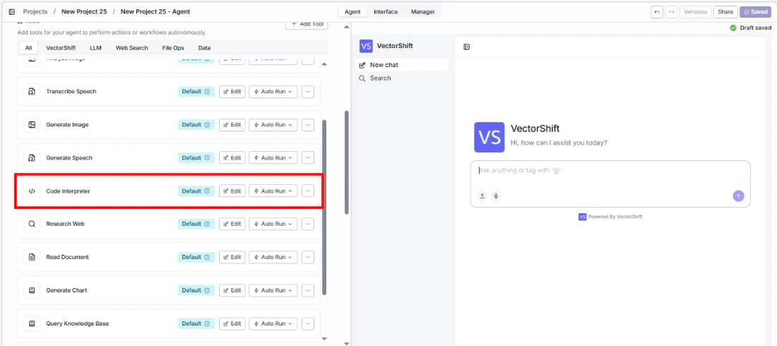 Agent tool panel showing the Logic category with Code Interpreter tool highlighted