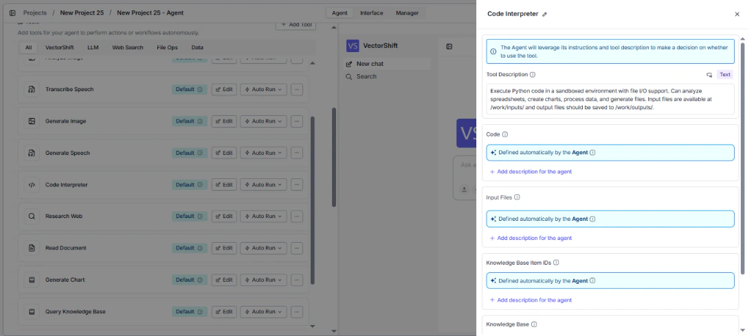 Code Interpreter tool configuration panel showing Tool Description, Code, Input Files, and Knowledge Base fields