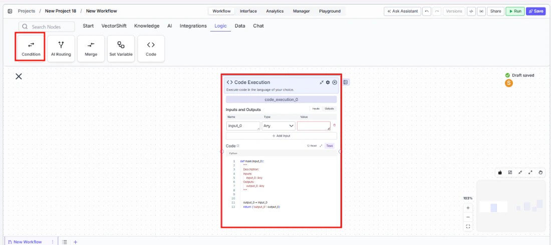 Workflow node palette showing the Logic tab with Code option