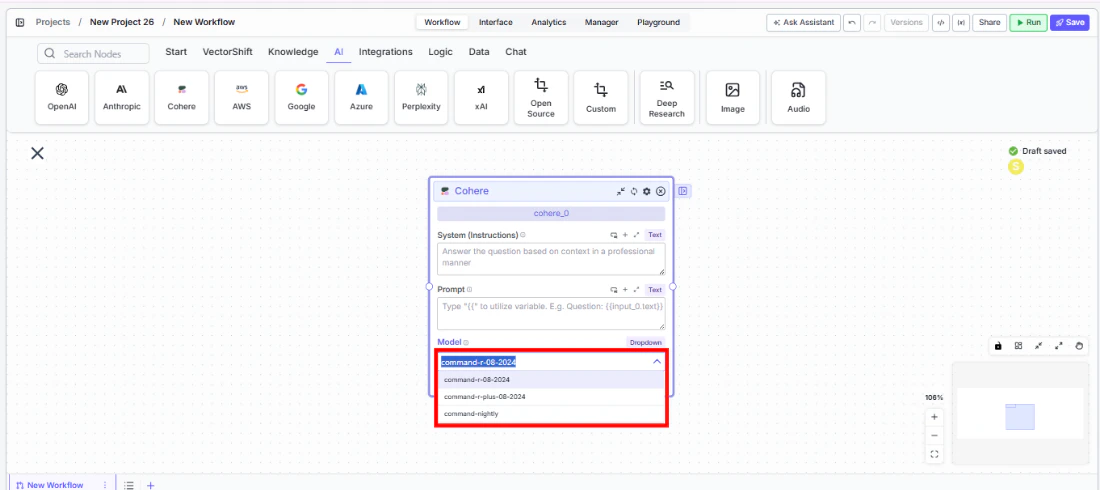 Cohere node showing the Model dropdown