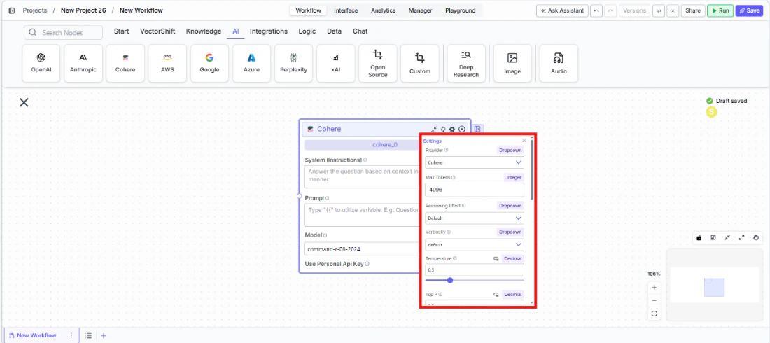 Cohere node settings panel