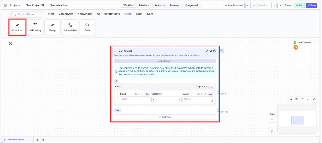 Workflow node palette showing the Logic tab with Condition highlighted