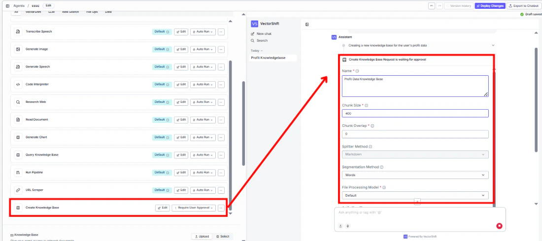 Create Knowledge Base tool requiring user approval, showing the approval dialog with knowledge base configuration fields