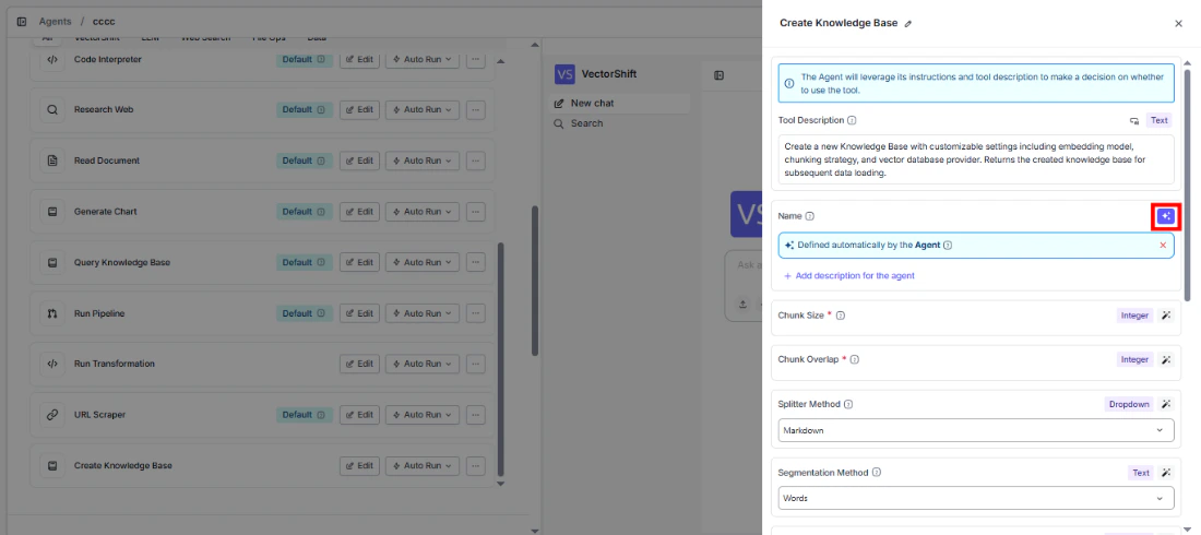 Create Knowledge Base tool configuration panel showing fields with sparkle icon to toggle between dynamic and static values