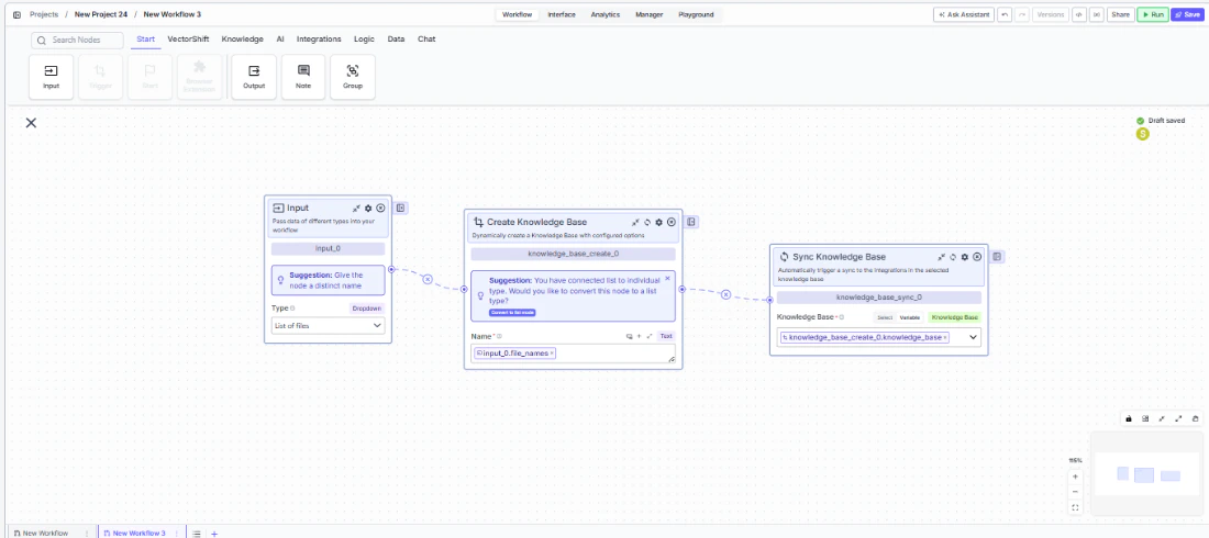 Create Knowledge Base node connected to upstream and downstream nodes on the canvas